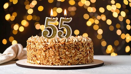 Delicious frosted round cake with sprinkles, topped with lit golden number candles '55', on a table with a folded cream cloth, against a blurred golden lights background