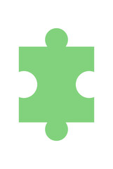 Flat silhouette of a green jigsaw puzzle piece. Isolated puzzle element as part of a boardgame on table. Ideal for childhood hobby activities, playful concepts, and fun entertainment visuals.