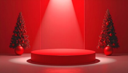 Red Christmas podium with spotlight