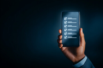 Blue gradient shows checklist on phone. Dark surface emphasizes digital business process, used for UI/UX design, app mockups, presentation background.
