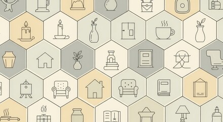 Obraz premium Seamless Pattern of Home Decor Icons in Hexagonal Tiles.