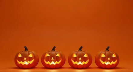 Four spooky glowing jack-o'-lanterns lined up for halloween festive celebrations
