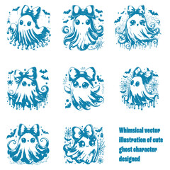 Whimsical art vector illustration of cute ghost character new designed