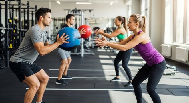 Group fitness training session with medicine balls in a modern gym.