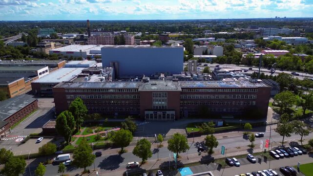 razor factory in Berlin producing cosmetics. Magic aerial view flight drone