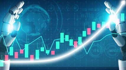 A pair of robotic hands is displayed against a backdrop of digital stock market graphs, symbolizing the integration of technology in investment and data analysis. Copula - Powered by Adobe
