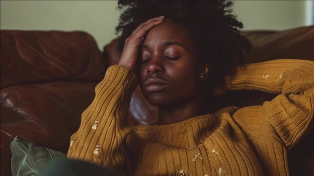 Woman with hands on her face, sitting on a couch in an urban home setting. She appears to be resting or possibly experiencing frustration.