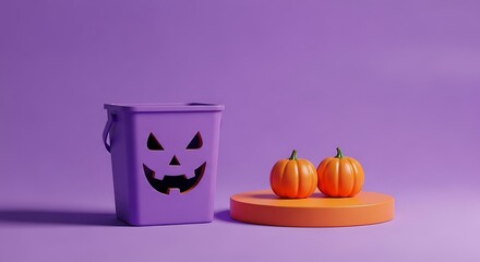 Spooky halloween decorations featuring a jack-o-lantern candy bucket and miniature pumpkins on a pedestal