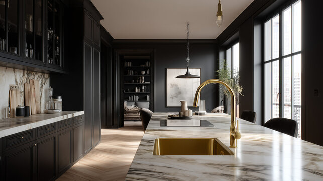 a kitchen with black cabinets, a white marble countertop, and a golden sink in the style of ray tracing, an open-plan living room