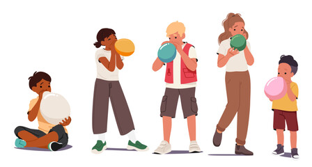 Teenage, preteen, preschool and elementary age boys and girls blowing air balloons isolated set