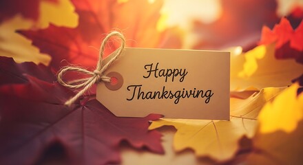 Warm autumn leaves and a "happy thanksgiving" tag create a festive holiday scene