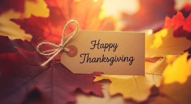 Warm autumn leaves and a "happy thanksgiving" tag create a festive holiday scene