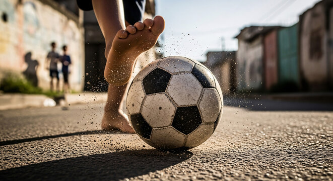 Barefoot child kicks soccer ball with dust flying in sunlit urban street creating dynamic action