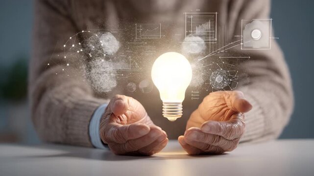 シニアが手のひらで知見を示す