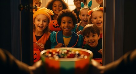 Excited diverse children in costumes eagerly reach for halloween candy treat bowl