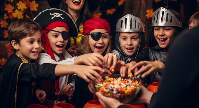 Joyful kids in halloween costumes sharing candy from a jack-o'-lantern bucket
