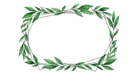 Obraz premium Geometric black line frame decorated with green leafy branches, on an isolated transparent background.