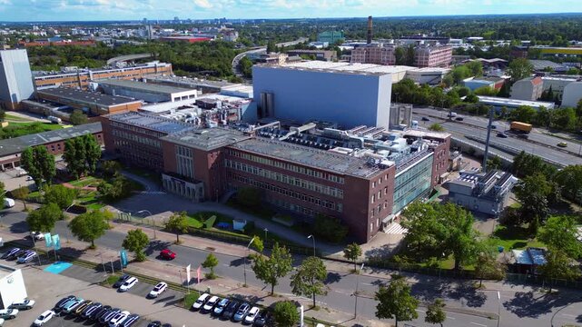 razor factory in Berlin producing cosmetics. Fantastic aerial view flight drone