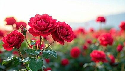Obraz premium Close Up View of Red Roses in Full Bloom with Water Droplets Against Green Foliage and Blurry Mountain Background