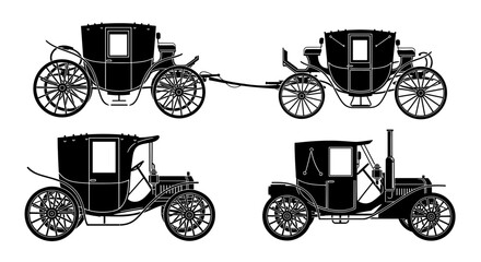 Four vintage carriages and automobiles displayed in a graphic illustrative style drawing design art