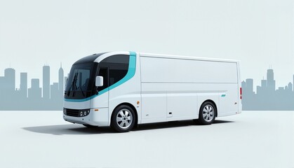 Naklejka premium Futuristic electric bus design parked against a minimalistic city skyline background, showcasing eco-friendly urban transportation concept of public transport or city planning