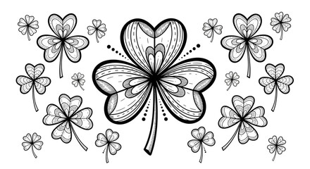 Outlined clover leaves arranged in a pattern with detailed line work and dot accents throughout image