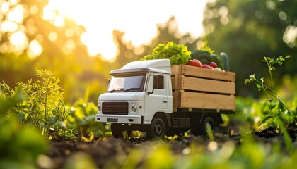 Miniature truck loaded with produce in a garden setting at sunset