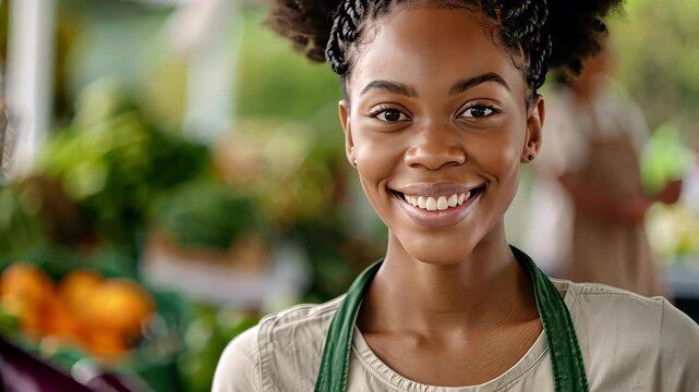 Smiling Farmer's Market Vendor: A vibrant portrait of a young, friendly farmer's market vendor radiates warmth with a genuine smile.