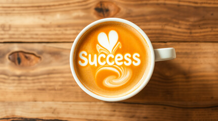 Morning coffee cup with Success latte art on a wooden table, symbolizing motivation and achievement for business goals. A perfect start to a productive day, inspiring growth and a winning mindset.