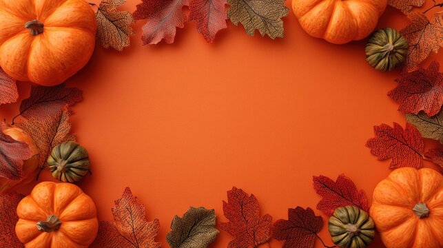 a frame of pumpkins and colorful autumn leaves on an orange background, creating copy space for text or design in the center.
