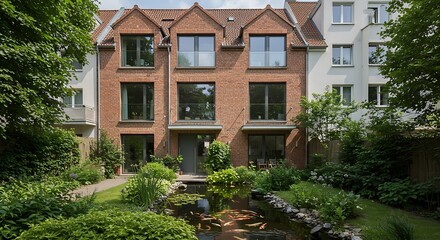 Fototapeta premium Exterior of a contemporary house located in the heart of Berlin, featuring charming brickwork with a tranquil koi pond.