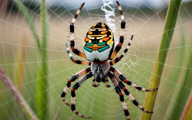 Obraz premium Vibrant Orb Weaver Spider on Intricate Web in Nature