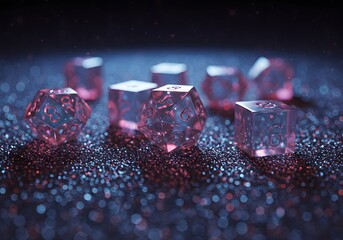 Sparkling pink dice on a glittery surface, abstract gaming, tabletop game components