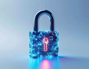 Digital Padlock Illuminated with Blue and Red Lights on Light Blue Background