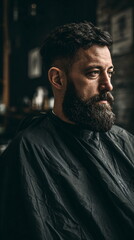 Obraz premium Close-up of a man with a beard and a fade haircut, ready for a haircut. Classic barbershop style. In dark brutal tones. Male style. Photo from a barbershop. Vertical