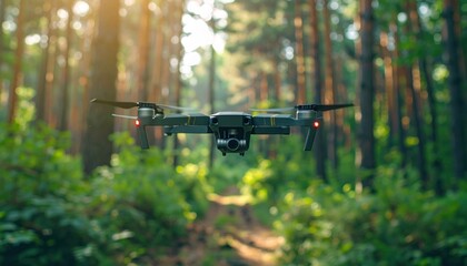 Drone Hovering Over Forest Trail In Sunny Daylight With Blurred Background and Green Foliage