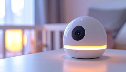 Egg Shaped White Electronic Device with Lens and Illuminated Base on Table