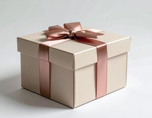 Elegant Gift Box with Rose Gold Ribbon on White Background Studio Shot