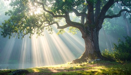 Sunbeams illuminating a majestic oak tree in a misty forest