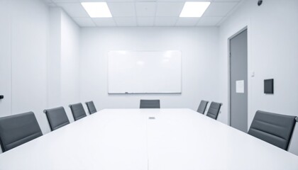 Empty Conference Room with White Table and Chairs Under Bright Lighting