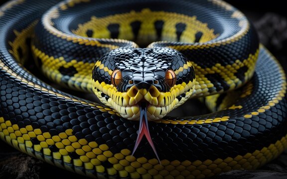 Majestic Black and Yellow Python with Flickering Tongue