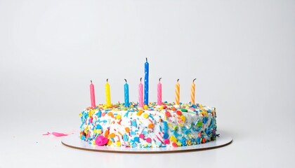 Festive Birthday Cake with Lit Candles and Colorful Sprinkles against a White Background