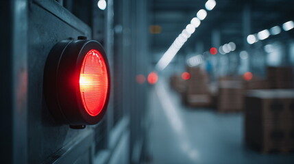 Bright red stop light glowing in a large warehouse or factory facility. Safety warning signal for industrial environment.