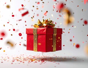 Floating Red Gift Box with Golden Bow and Confetti on White Background Celebration