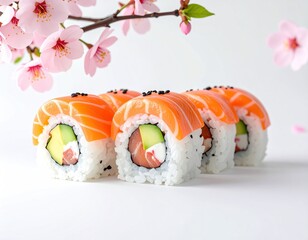 Fresh Salmon Sushi Rolls with Avocado and Cherry Blossom Sprig on White Background