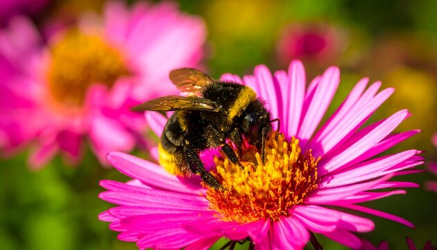 Bee Pollinating Pink Flower Close-Up