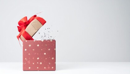 Gift Box with Red Ribbon and Beige Wrapped Present Erupting on White Surface