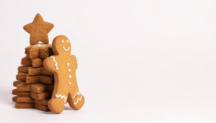 Gingerbread Man and Stacked Star-Shaped Cookies on White Background Festive Holiday Season Decoration