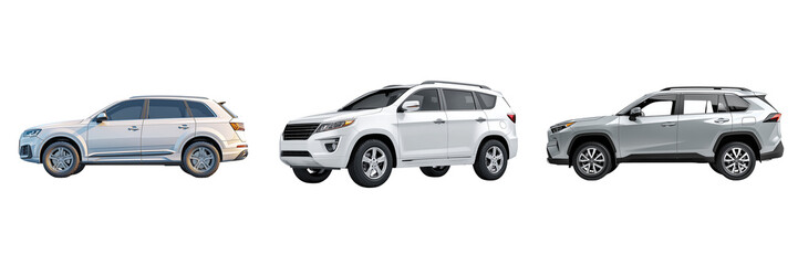 Set of Matte silver grey luxury city sedan car from the right on transparent png background. Ai generated