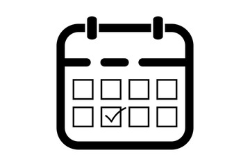 A black and white icon of a calendar with a checkmark on one of the days, isolated on transparent background